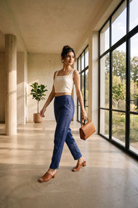 Blue Solid Rayon Slim Fit Ankle Length Mid Rise Trousers