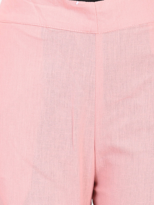 Pink Solid Cotton Flax Ankle Length Trousers