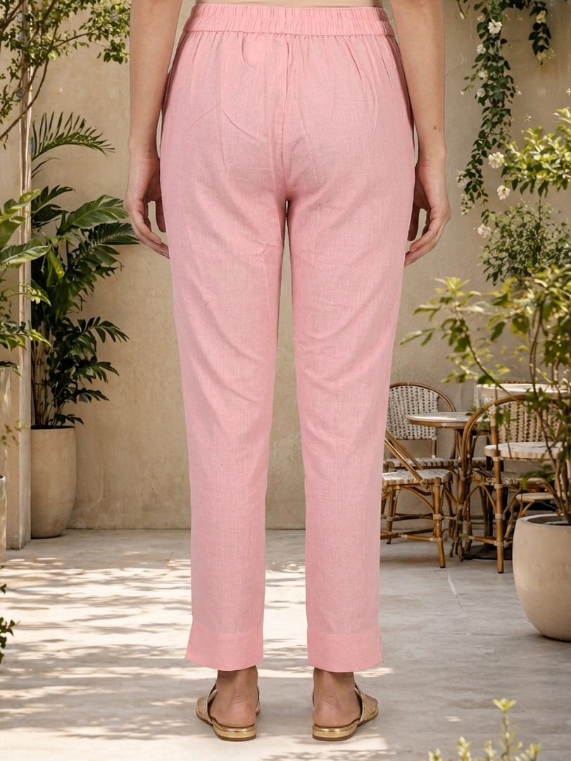 Pink Solid Cotton Flax Ankle Length Trousers