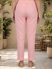 Pink Solid Cotton Flax Ankle Length Trousers