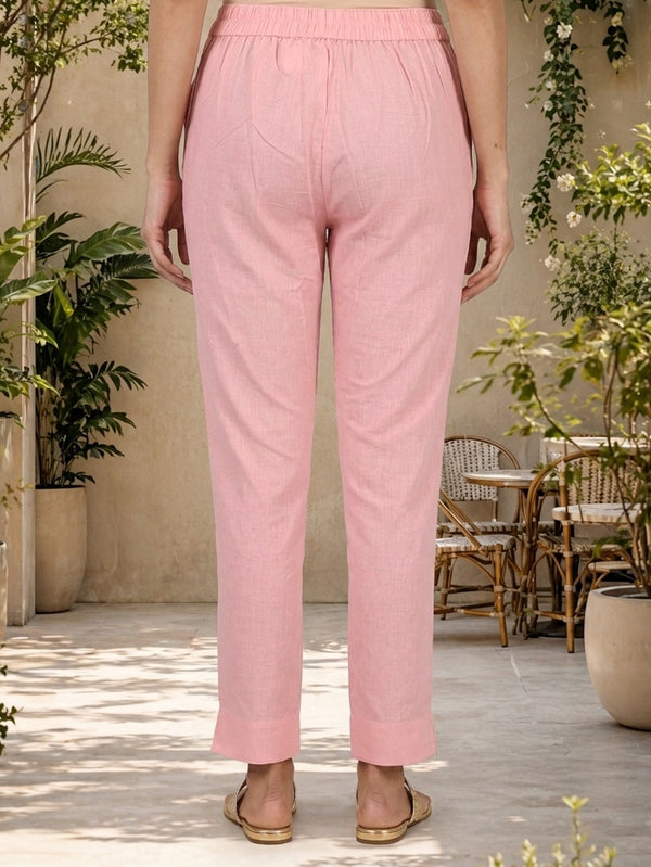 Pink Solid Cotton Flax Ankle Length Trousers