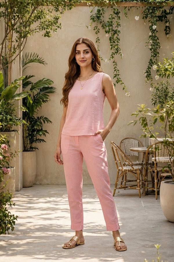 Pink Solid Cotton Flax Ankle Length Trousers