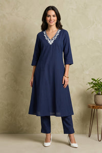 Navy Blue Slim Fit Ankle Length Cotton Trousers