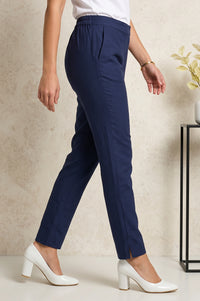Navy Blue Slim Fit Ankle Length Cotton Trousers