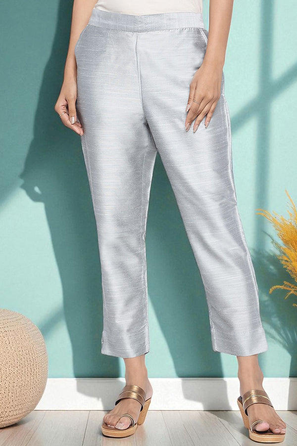 Grey Solid Mid Rise Slub Trousers in Ankle Length
