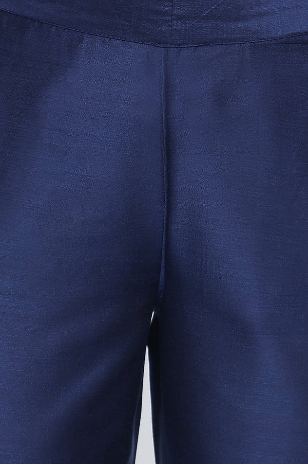Blue Solid Mid Rise Slub Trousers in Ankle Length