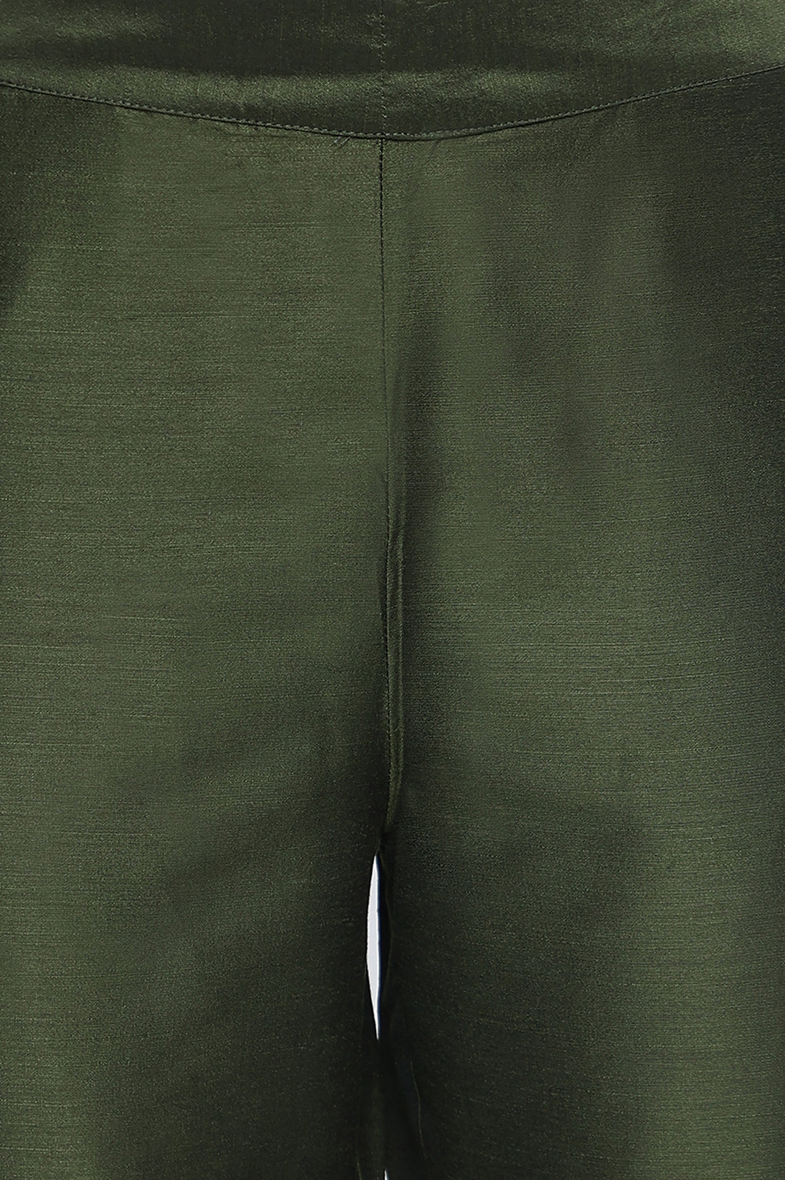 Green Solid Mid Rise Slub Trousers in Ankle Length