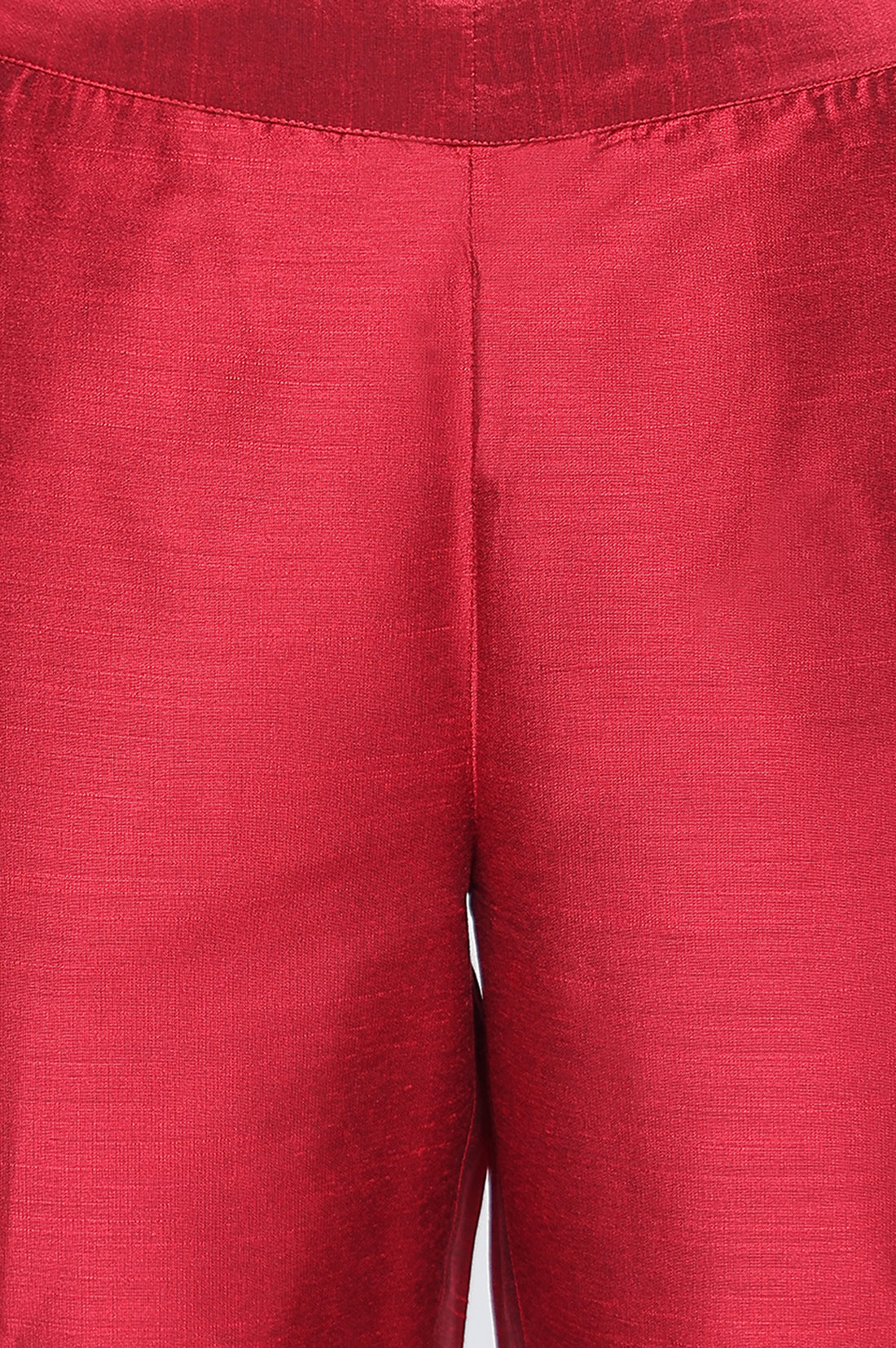 Red Solid Mid Rise Slub Trousers in Ankle Length