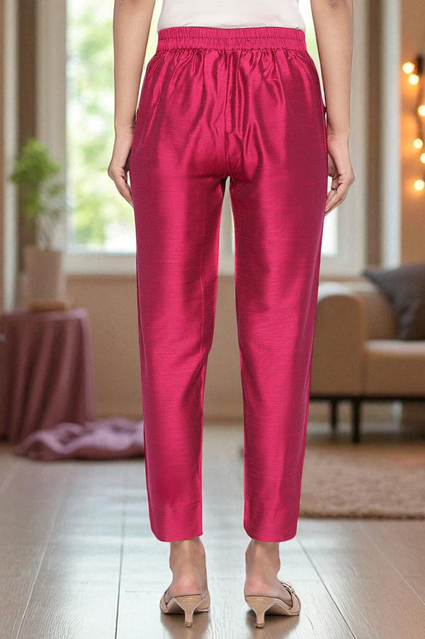 Pink Solid Mid Rise Slub Trousers in Ankle Length