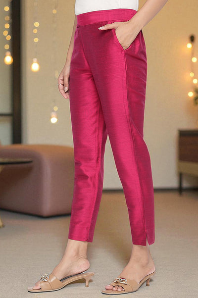 Pink Solid Mid Rise Slub Trousers in Ankle Length