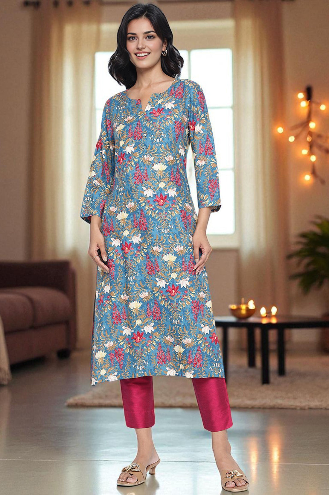 Pink Solid Mid Rise Slub Trousers in Ankle Length