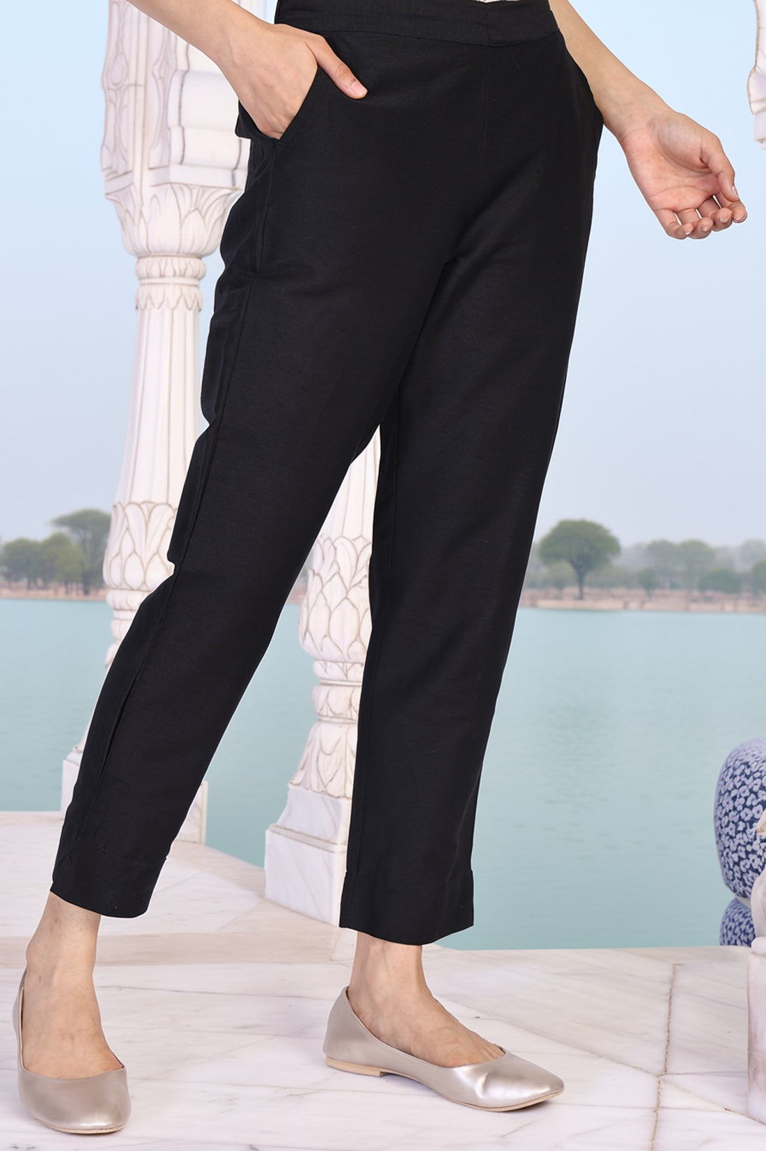 Black Solid Slim-Leg Rayon Trouser