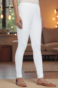 White Solid Cotton Lyrca Tights in Ankle Length