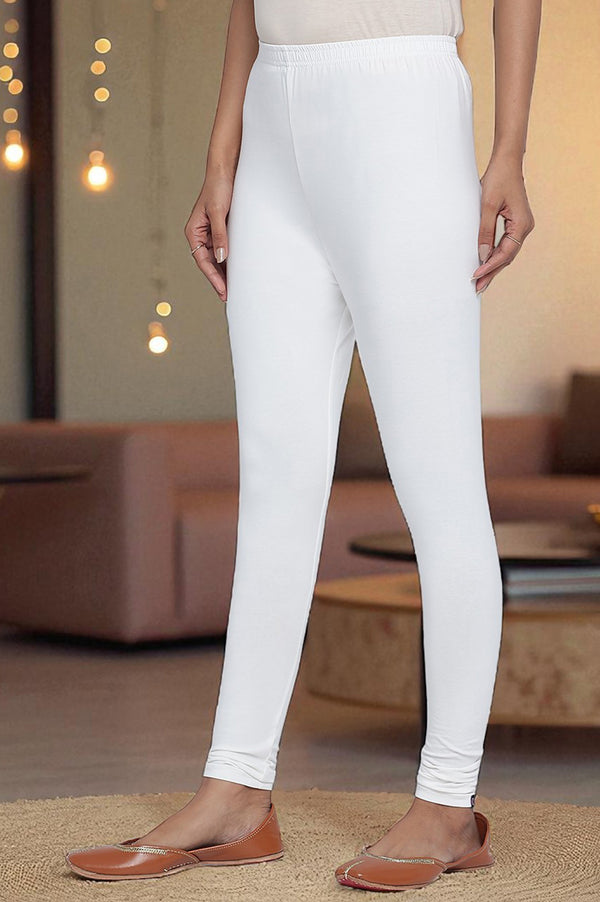 White Solid Cotton Lyrca Tights in Ankle Length
