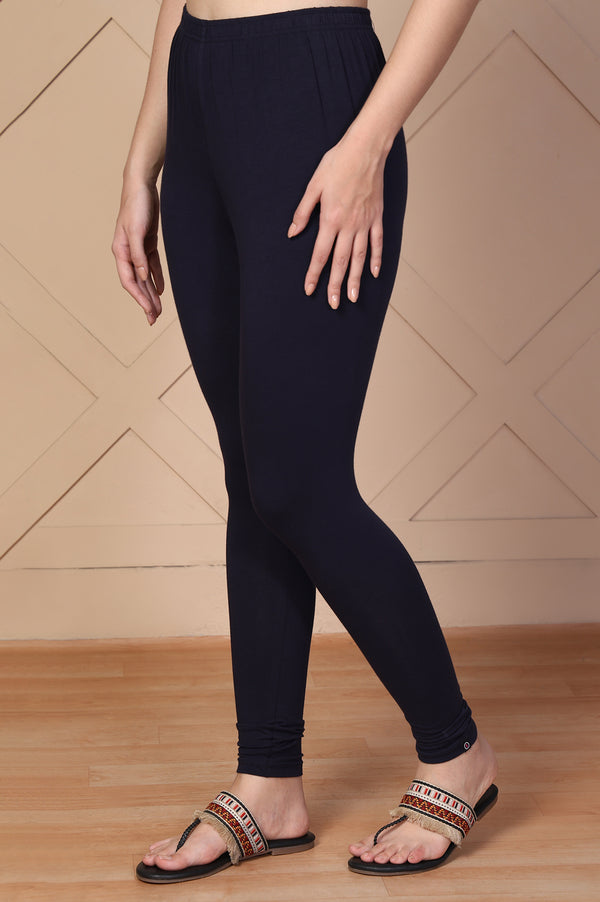 Elleven Women's Navy Blue Solid Slim Fit Cotton Churidar