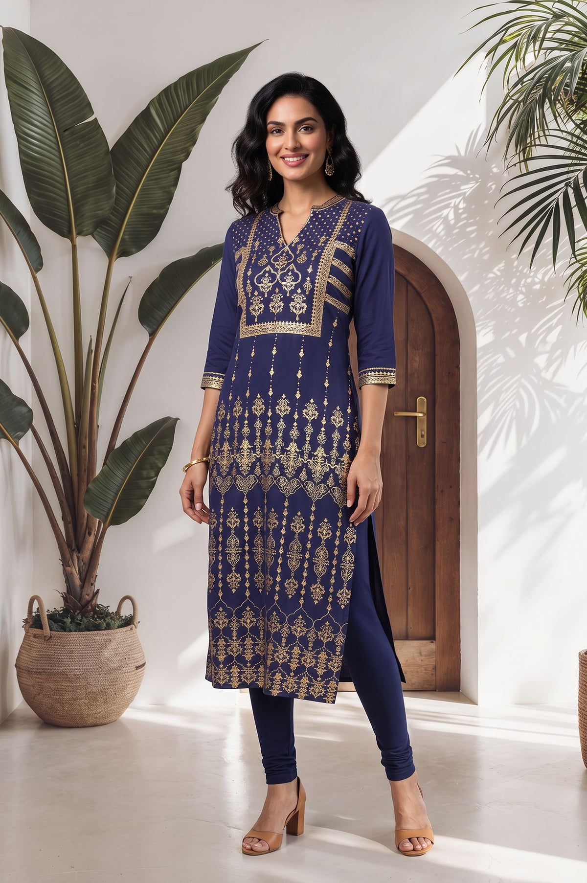 Navy Blue Gold Printed Straight Kurta with Tights Set - S