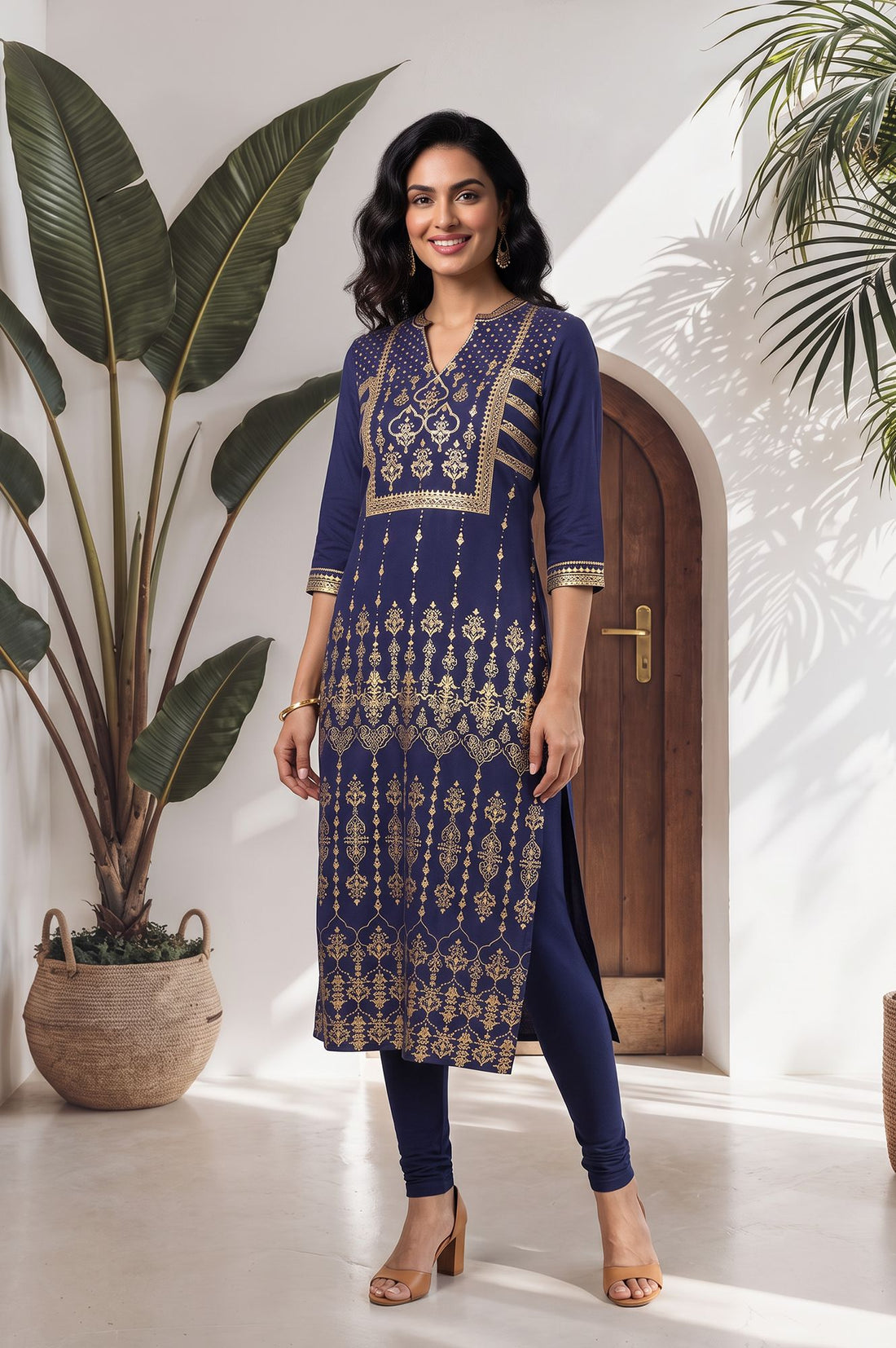 Navy Blue Gold Printed Straight Kurta with Tights Set