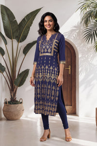 Navy Blue Gold Printed Straight Kurta with Tights Set