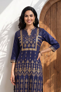 Navy Blue Gold Printed Straight Kurta with Tights Set