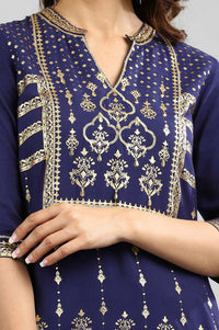 Navy Blue Gold Printed Straight Kurta with Tights Set