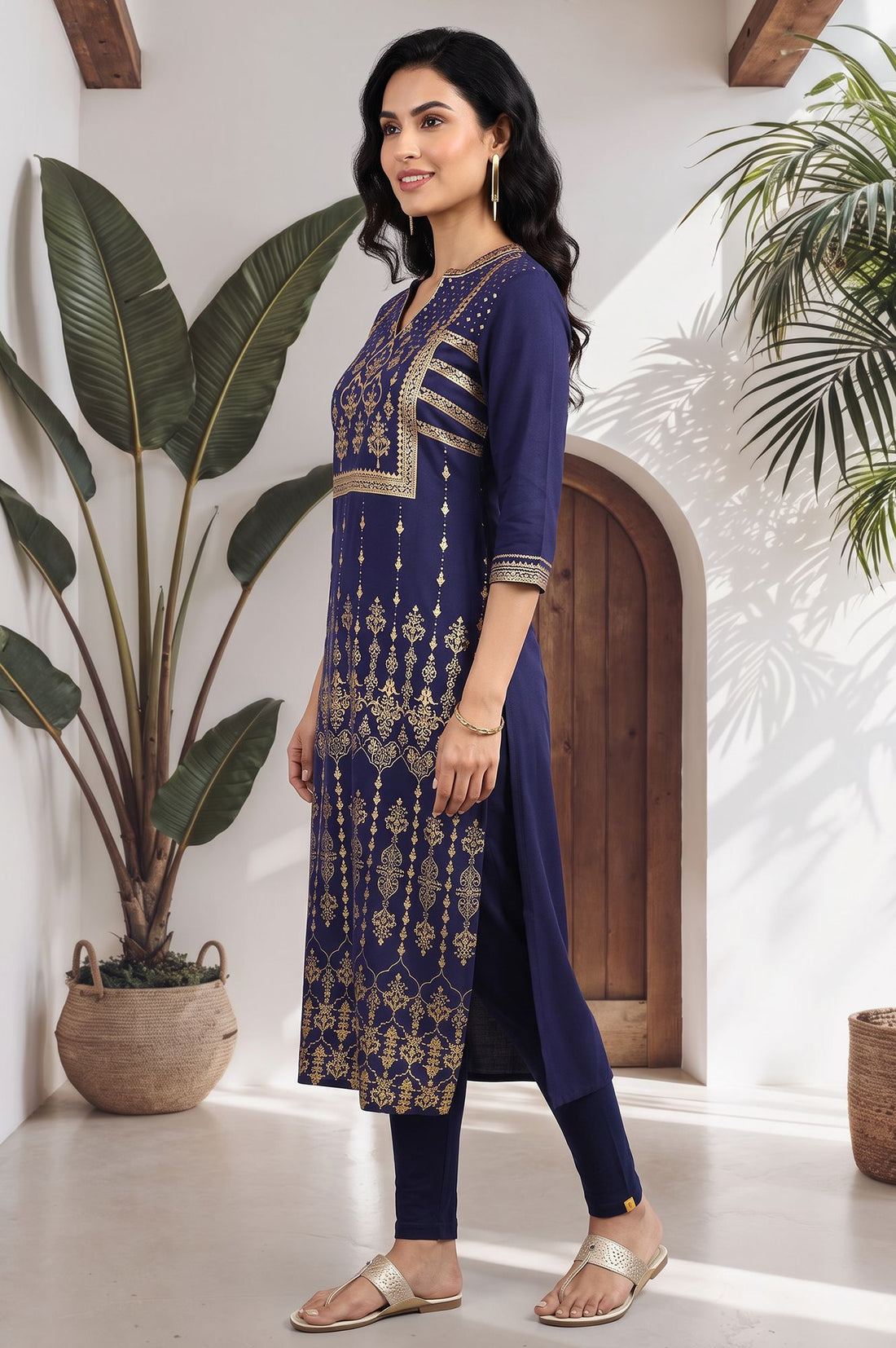 Navy Blue Gold Printed Straight Kurta with Tights Set