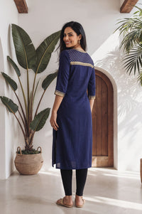 Navy Blue Gold Printed Straight Kurta with Tights Set