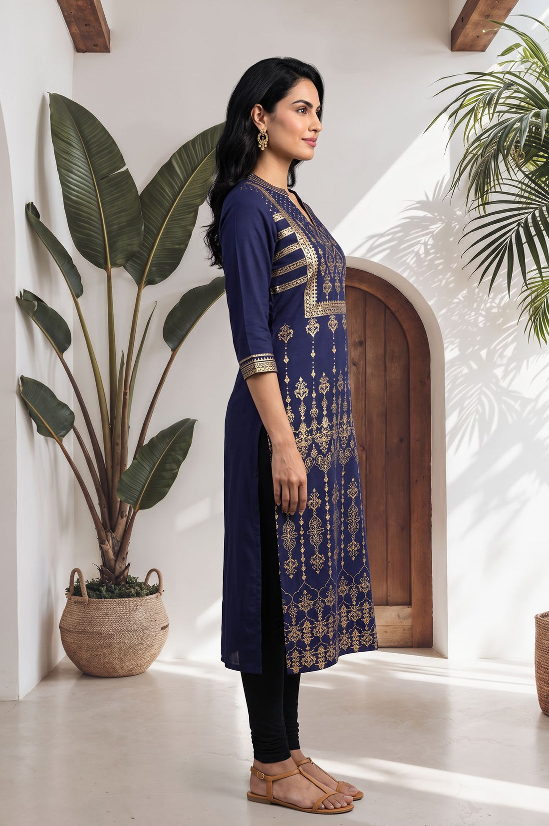 Navy Blue Gold Printed Straight Kurta with Tights Set