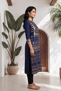 Navy Blue Gold Printed Straight Kurta with Tights Set