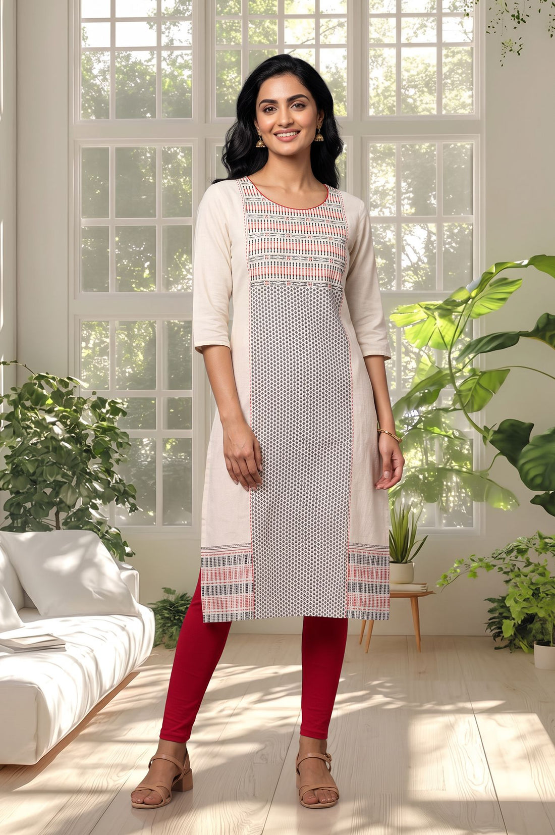 Off White Geometric Printed Pure Cotton Straight Kurta with Tights Set