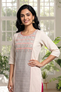 Off White Geometric Printed Pure Cotton Straight Kurta with Tights Set