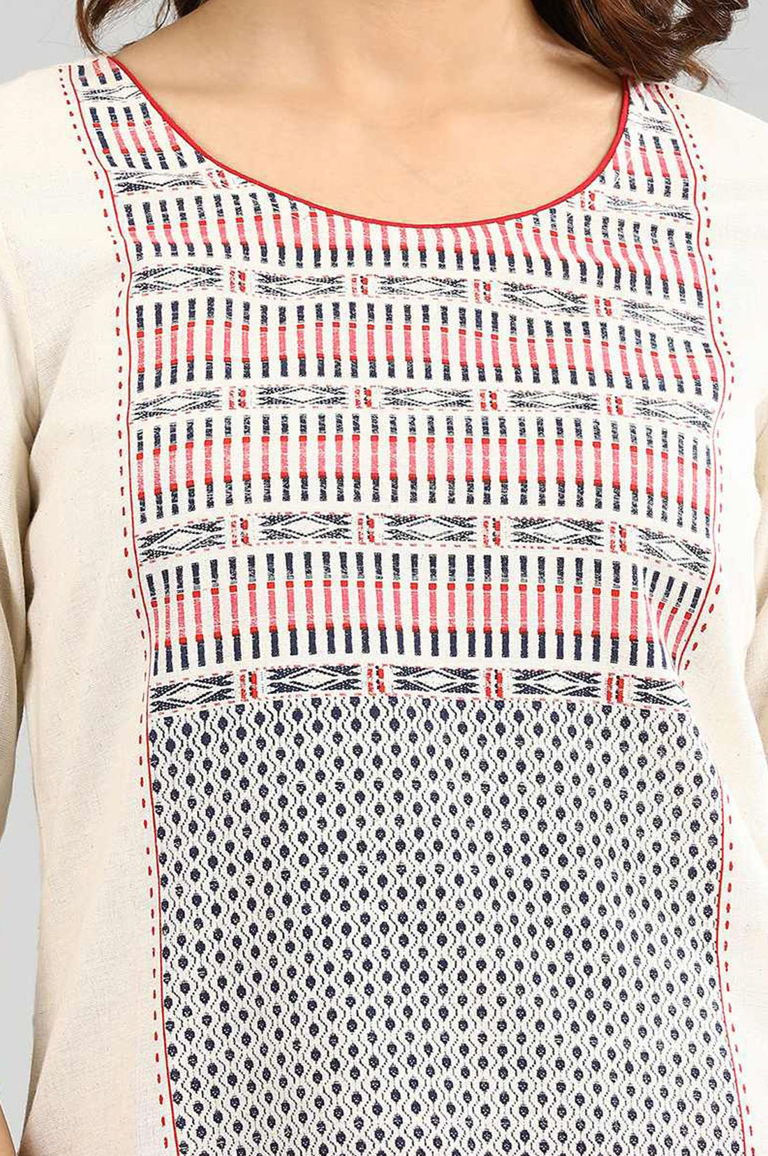 Off White Geometric Printed Pure Cotton Straight Kurta with Tights Set