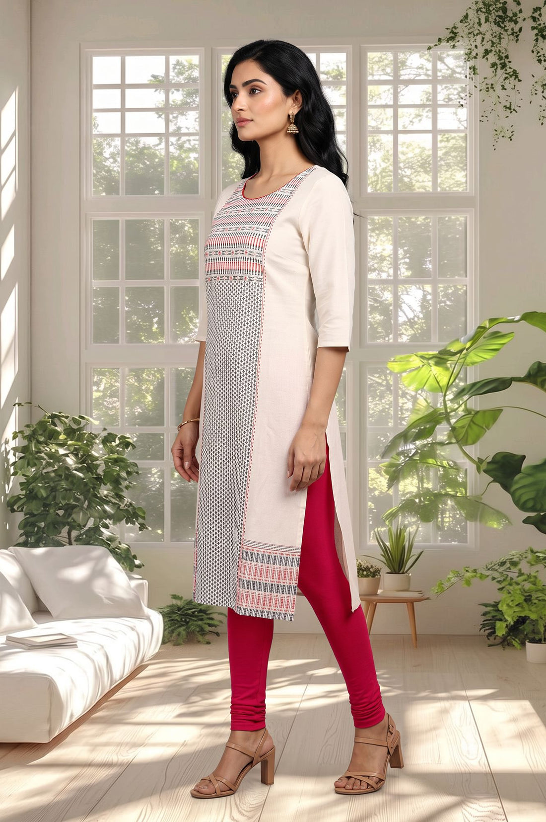 Off White Geometric Printed Pure Cotton Straight Kurta with Tights Set