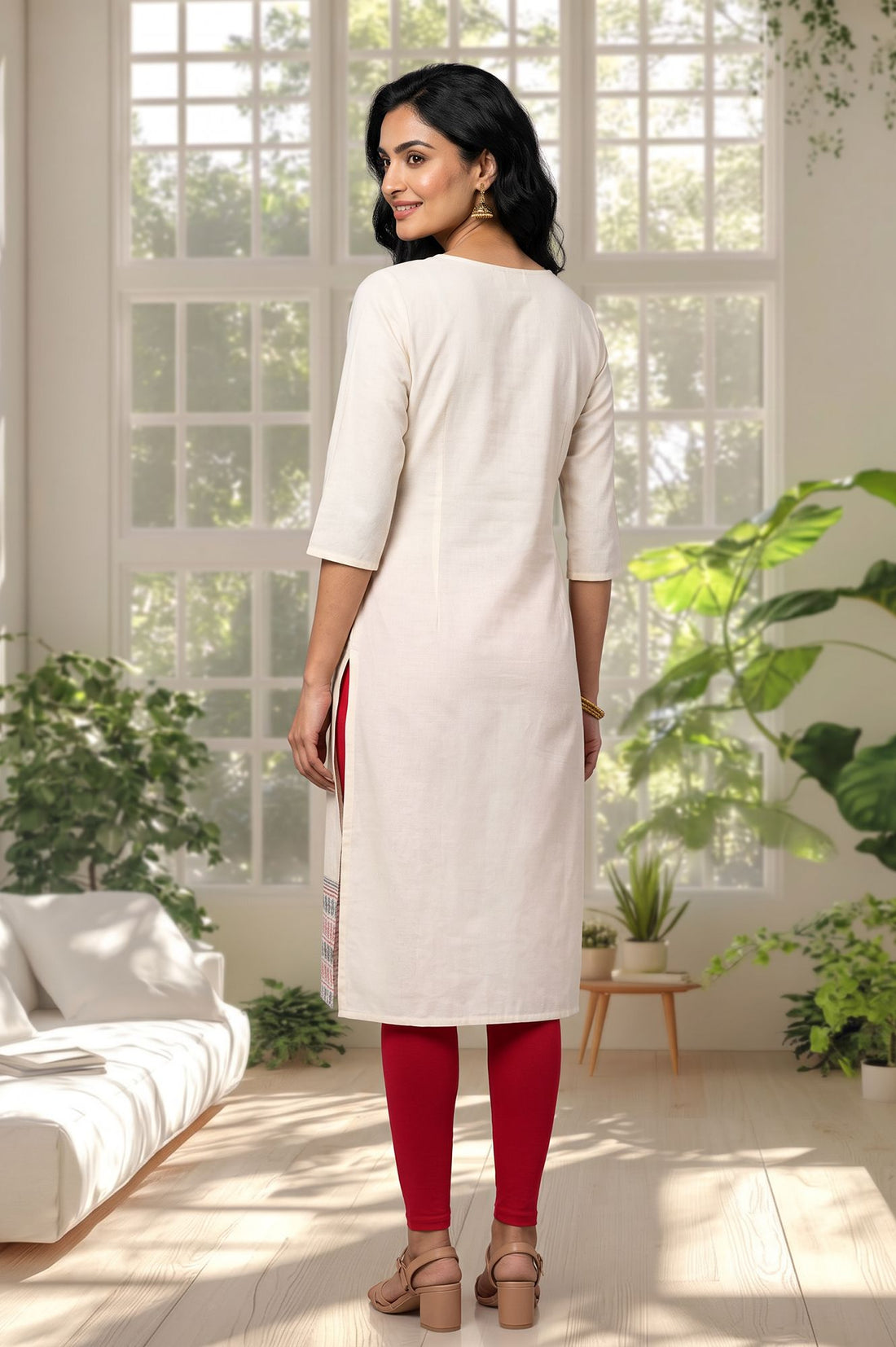 Off White Geometric Printed Pure Cotton Straight Kurta with Tights Set