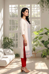 Off White Geometric Printed Pure Cotton Straight Kurta with Tights Set