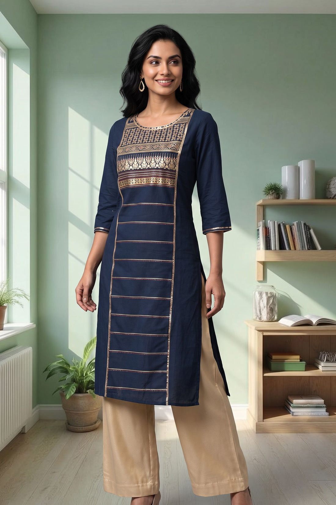 Navy Blue Foil Printed Pure Cotton Straight Kurta with Palazzo Set