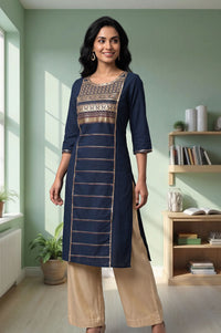 Navy Blue Foil Printed Pure Cotton Straight Kurta with Palazzo Set