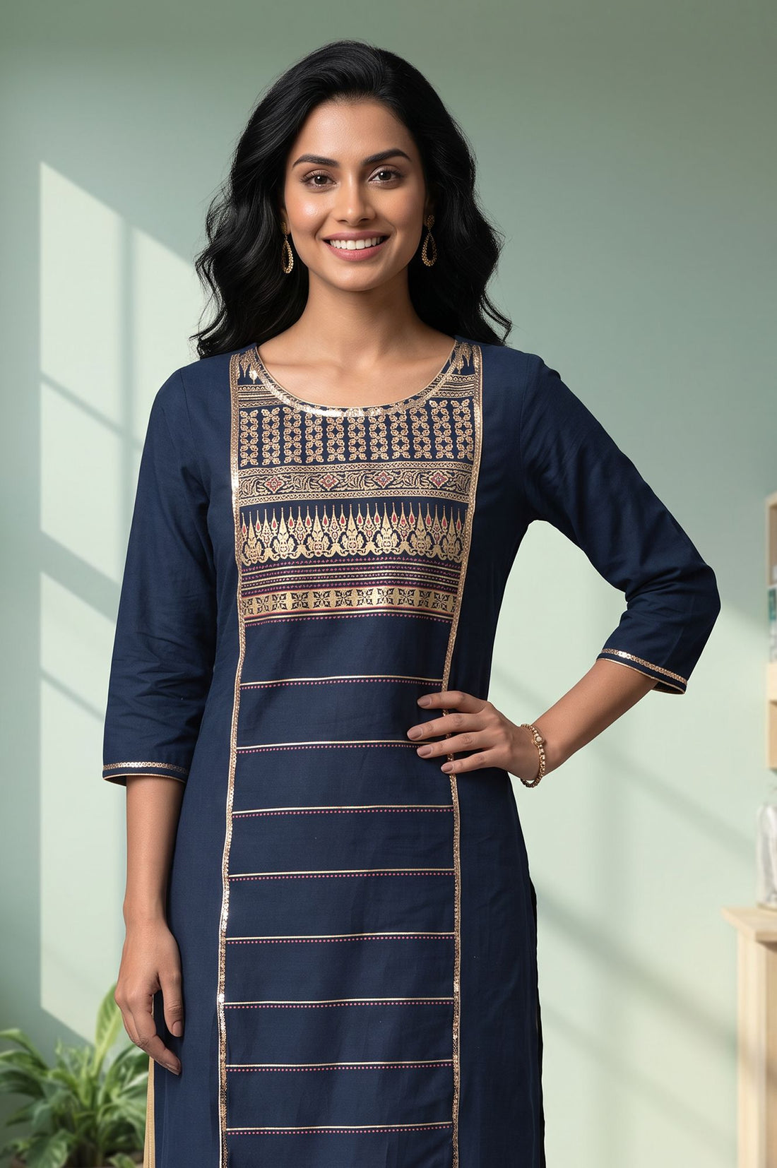 Navy Blue Foil Printed Pure Cotton Straight Kurta with Palazzo Set