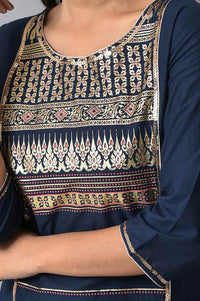 Navy Blue Foil Printed Pure Cotton Straight Kurta with Palazzo Set