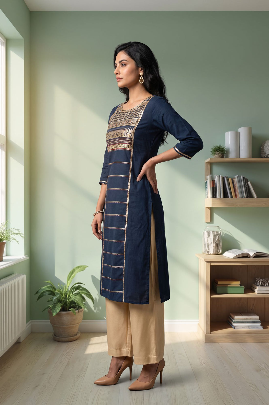 Navy Blue Foil Printed Pure Cotton Straight Kurta with Palazzo Set