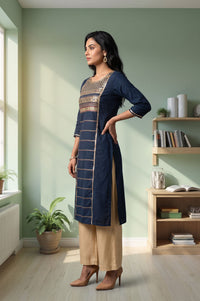 Navy Blue Foil Printed Pure Cotton Straight Kurta with Palazzo Set