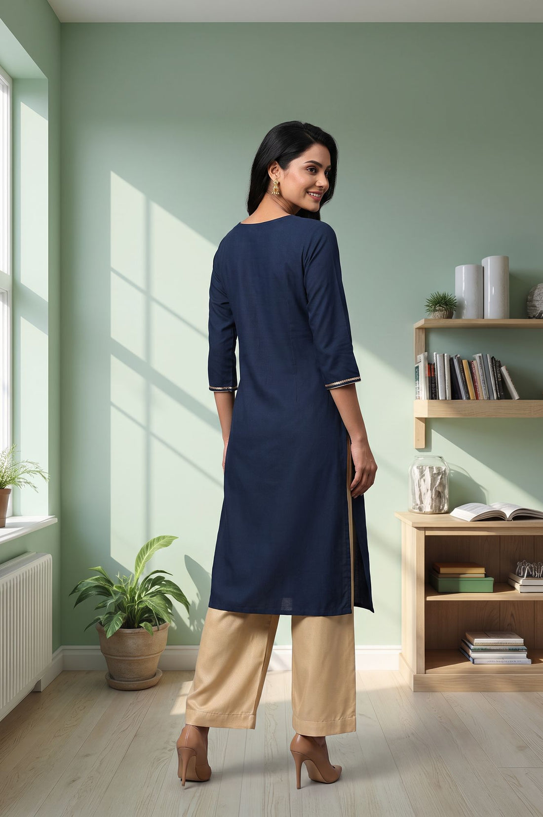 Navy Blue Foil Printed Pure Cotton Straight Kurta with Palazzo Set