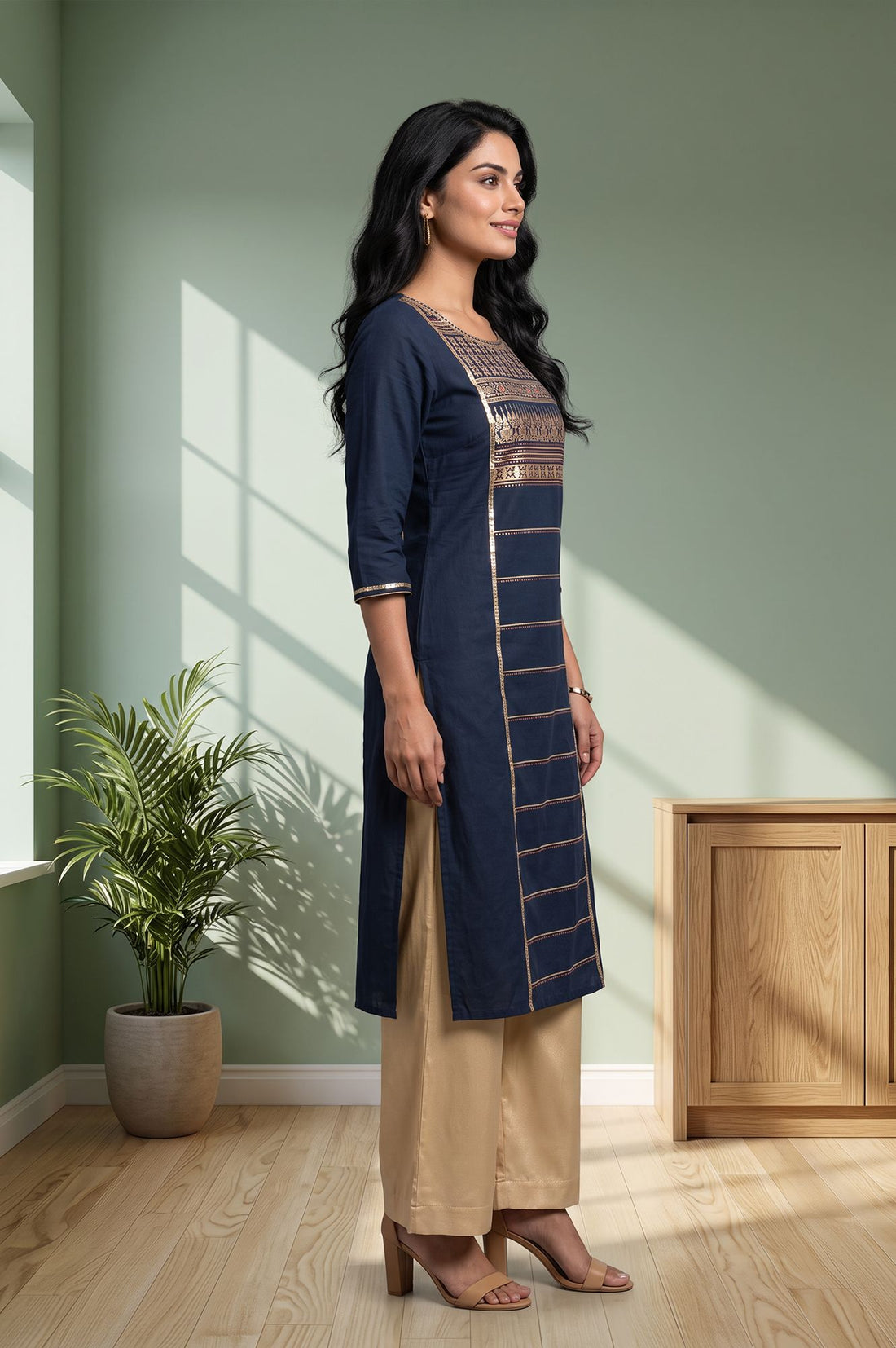 Navy Blue Foil Printed Pure Cotton Straight Kurta with Palazzo Set