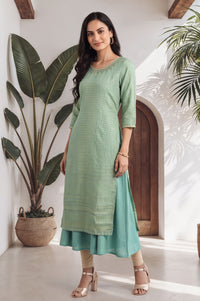 Sea Green Thread Embroidered Rayon Zari Straight Kurta with Tights