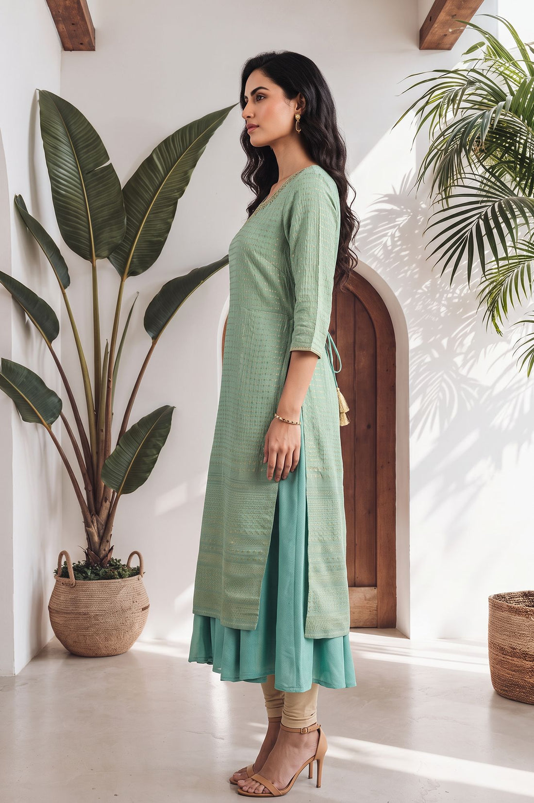 Sea Green Thread Embroidered Rayon Zari Straight Kurta with Tights