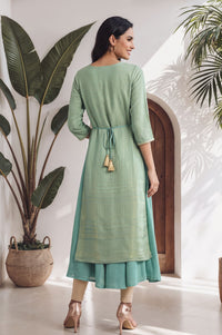 Sea Green Thread Embroidered Rayon Zari Straight Kurta with Tights