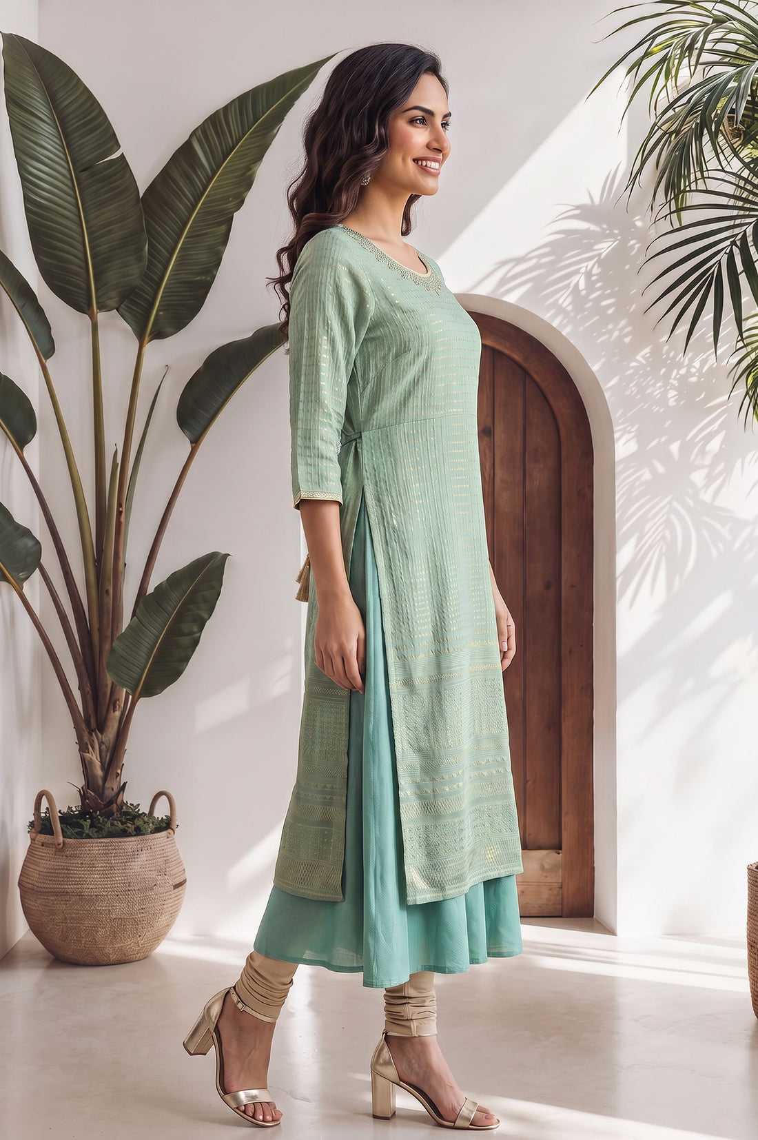 Sea Green Thread Embroidered Rayon Zari Straight Kurta with Tights