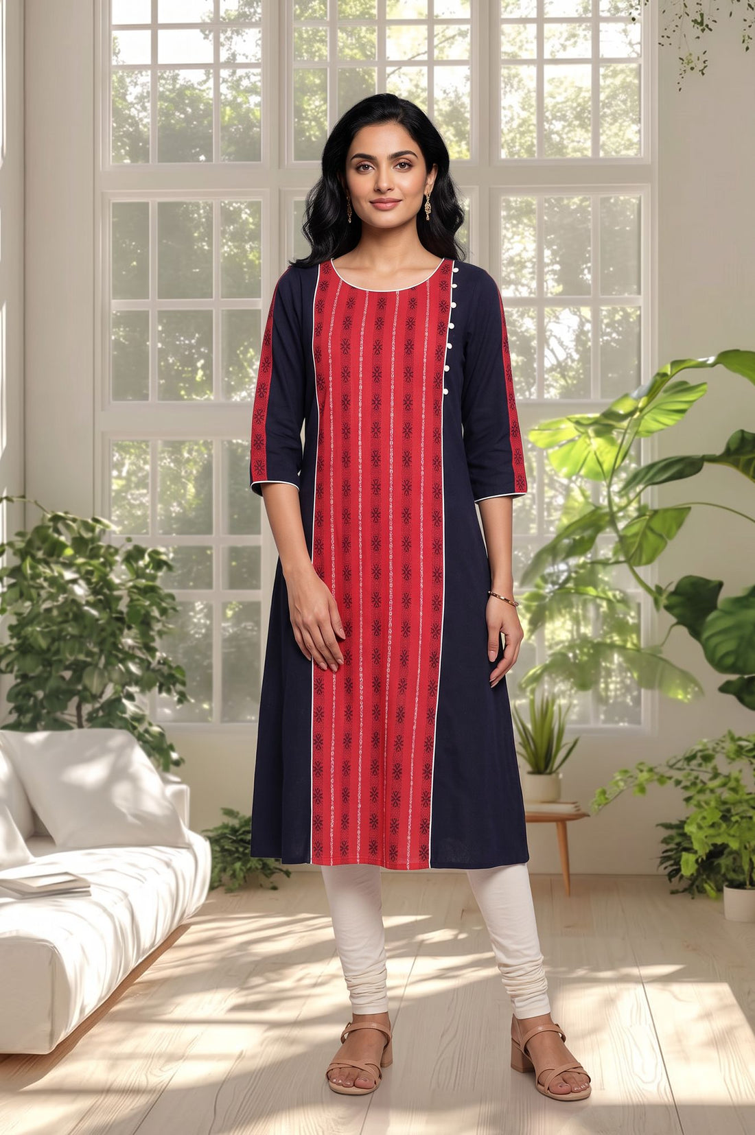 Navy Blue Colourblocked Pure Cotton A-line Kurta with Churidar Set