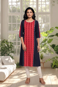 Navy Blue Colourblocked Pure Cotton A-line Kurta with Churidar Set