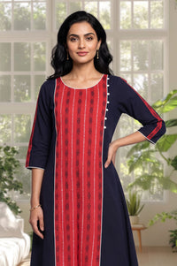 Navy Blue Colourblocked Pure Cotton A-line Kurta with Churidar Set