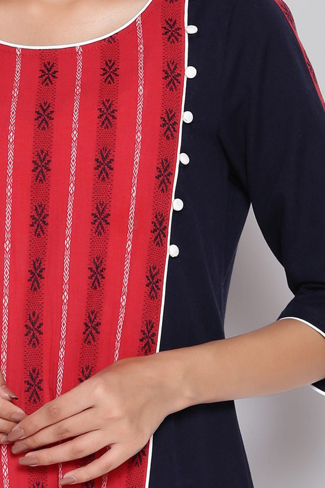 Navy Blue Colourblocked Pure Cotton A-line Kurta with Churidar Set